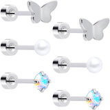 20G Aurora Gem White Orb Butterfly Flatback Earring Set of 6