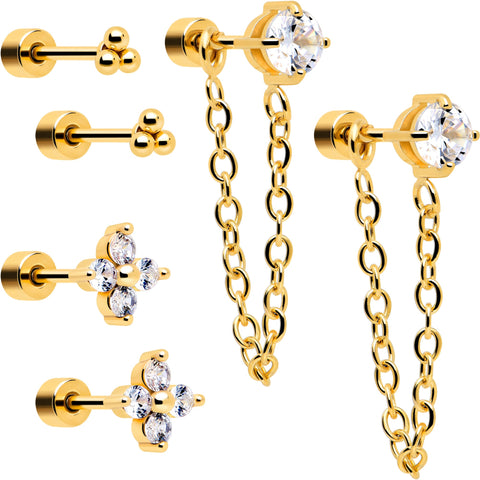 20G Clear Gem Gold Tone Ball Chain Dangle Flatback Earring Set of 6