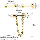 20G Clear Gem Gold Tone Ball Chain Dangle Flatback Earring Set of 6