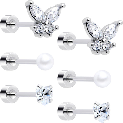 20G Clear Gem White Orb Butterfly Flatback Earring Set of 6
