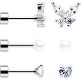 20G Clear Gem White Orb Butterfly Flatback Earring Set of 6