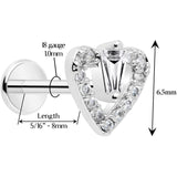 18G 5/16 CZ Gem Heart Threadless Push In Labret Monroe Tragus