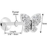 18G 5/16 CZ Gem Butterfly Paved Threadless Push In Labret Tragus