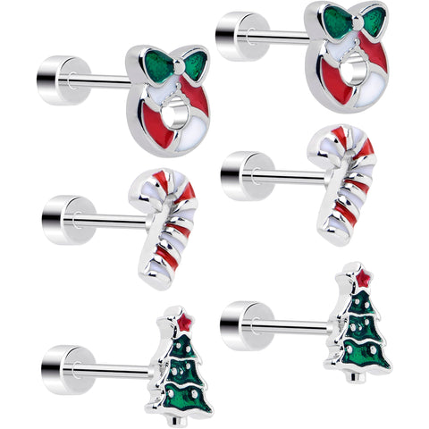 Christmas Flat Back Earrings - 3 Pairs Holiday Tree Ornament Candy Cane