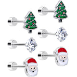 Christmas Flat Back Earrings - 3 Pairs Holiday Tree Samta CZ