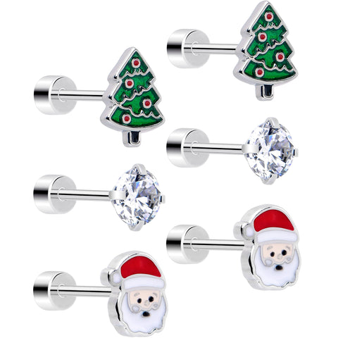 Christmas Flat Back Earrings - 3 Pairs Holiday Tree Samta CZ