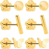 20G Bar Disc Butterfly Reversible Flower Flat Back Earring Set of 6