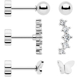 20G CZ Gem Ball Arch Butterfly Reversible Flower Flat Back Earring Set of 6