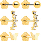 20G CZ Gem Ball Arch Butterfly Reversible Flower Flat Back Earring Set of 6