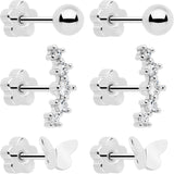 20G CZ Gem Ball Arch Butterfly Reversible Flower Flat Back Earring Set of 6