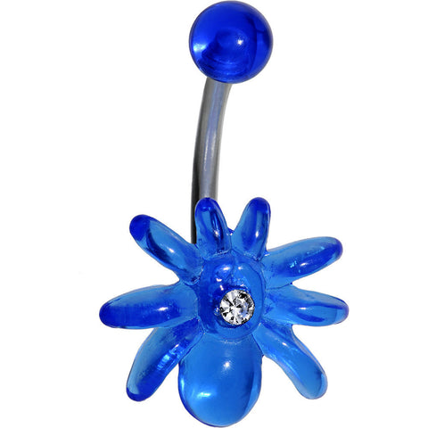 Clear Gem Blue Upward Spider J-Bar Belly Ring