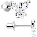 .925 Sterling Silver Clear CZ Butterfly Youth Screwback Earrings