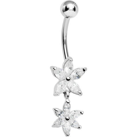 925 Sterling Silver Cubic Zirconia Dual Lily Dangle Belly Ring