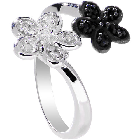 925 Sterling Silver Clear Black CZ Twin Flower Toe Ring