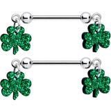 14G 5/8 Green Glitter St Patricks Day Shamrock Nipple Ring Set
