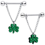 14G 5/8 Green Glitter Shamrock Chain Dangle Nipple Ring Set