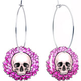 Blooming Pink Flower Skull Hoop Earrings by Onyx O
