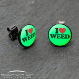 Black Anodized I Love Weed Glow in the Dark Stud Earrings by Onyx O