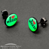 Black Anodized I Love Weed Glow in the Dark Stud Earrings by Onyx O