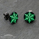Black Anodized Glow in the Dark Holiday Snowflake Stud Earrings by Onyx O