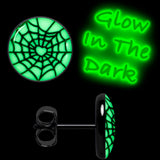 Black Anodized Steel Heart Spider Web Glow in the Dark Stud Earrings by Onyx O