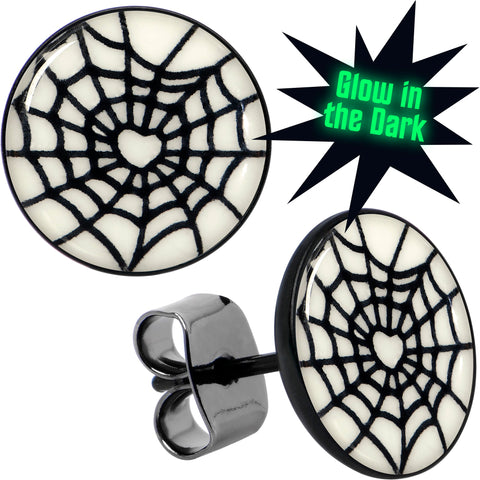 Black Anodized Steel Heart Spider Web Glow in the Dark Stud Earrings by Onyx O
