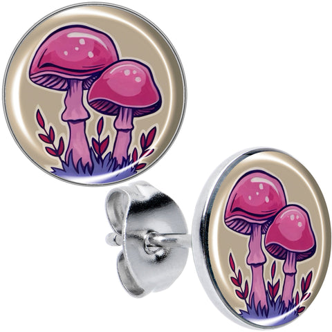 Artist Drawn Pink Mushrooms Stud Earrings by Onyx O