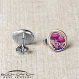 Artist Drawn Pink Mushrooms Stud Earrings by Onyx O