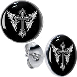 Black White Winged Cross Stud Earrings by Onyx O