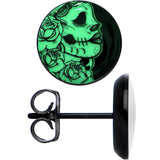 Black Anodized Gothic Rose Flower Skull Glow in the Dark Stud Earrings