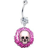Clear Gem Blooming Pink Flower Skull Dangle Belly Ring by Onyx O