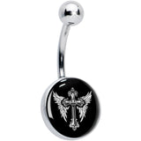 Black White Winged Cross Belly Ring by Onyx O