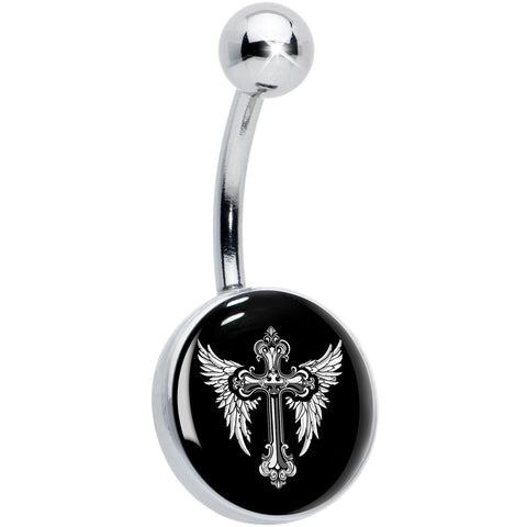 Black White Winged Cross Belly Ring by Onyx O