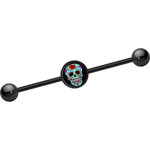 14G Black Anodized Sugar Skull Industrial Barbell 37mm