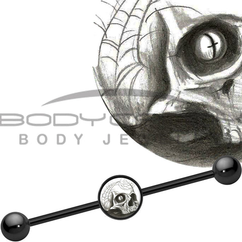14G Black Anodized Halloween Webbed Skull Industrial Barbell 37mm