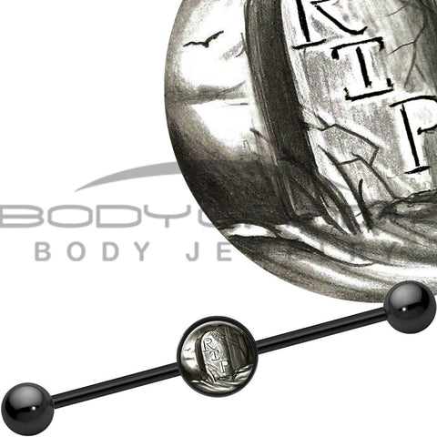 14G Black Anodized Scary RIP Tombstone Industrial Barbell 37mm