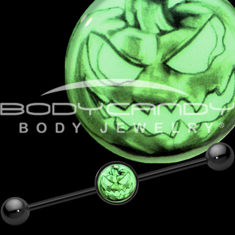 14G Black Glow in the Dark Jack O Lantern Industrial Barbell 37mm