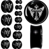 0G Black White Winged Cross Black Acrylic Saddle Plug Set by Onyx O