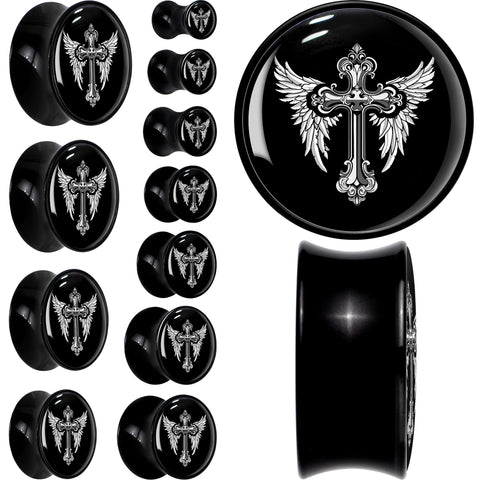 0G Black White Winged Cross Black Acrylic Saddle Plug Set by Onyx O