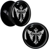 0G Black White Winged Cross Black Acrylic Saddle Plug Set by Onyx O