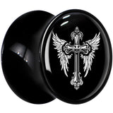 0G Black White Winged Cross Black Acrylic Saddle Plug Set by Onyx O