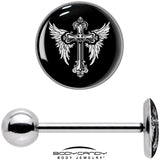 Black White Winged Cross Barbell Tongue Ring by Onyx O