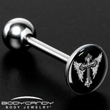Black White Winged Cross Barbell Tongue Ring by Onyx O