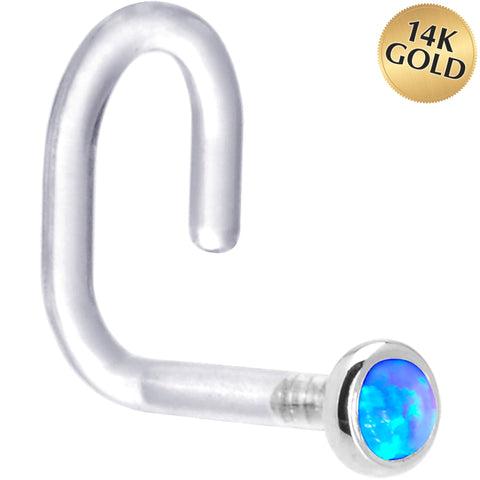 18G 1/4 White Gold 2mm Blue Synthetic Opal Bioplast Nose Ring