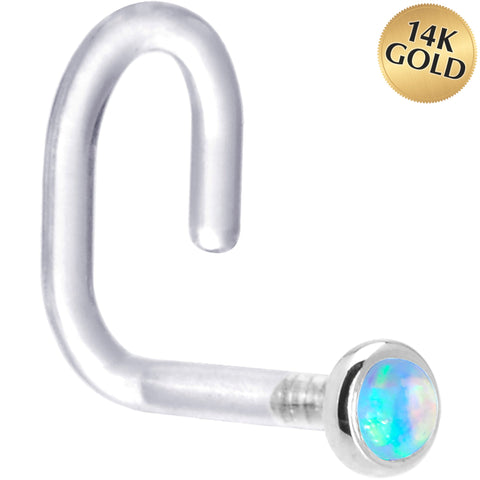 18G 1/4 White Gold 2mm Light Blue Synthetic Opal Bioplast Nose Ring