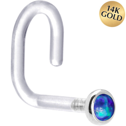 18G 1/4 White Gold 2mm Dark Blue Synthetic Opal Bioplast Nose Ring