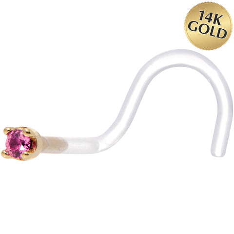 18G 1/4 Yellow Gold 1.5mm Genuine Pink Sapphire Bioplast Nose Ring