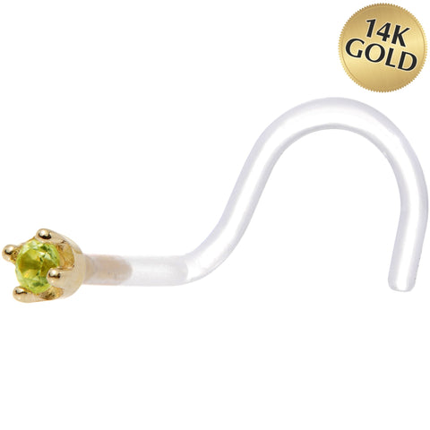 18G 1/4 Yellow Gold 1.5mm Genuine Peridot Bioplast Nose Ring