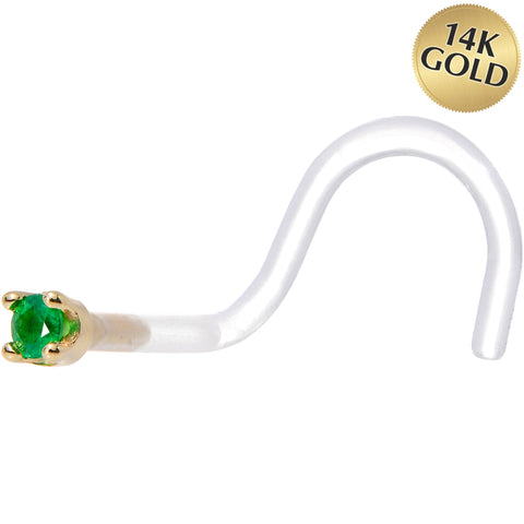 18G 1/4 Yellow Gold 1.5mm Genuine Emerald Bioplast Nose Ring