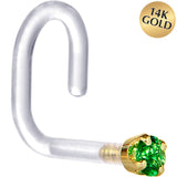 18G 1/4 Yellow Gold 1.5mm Green Cubic Zirconia Bioplast Nose Ring